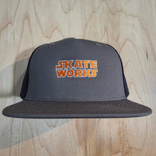 Load image into Gallery viewer, Skateworks Classic Logo Snapback Contrast Trucker Hat Walnut/Black/Orange
