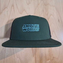 Load image into Gallery viewer, Skateworks Classic Logo Snapback Contrast Trucker Hat Forest/Black/Aqua

